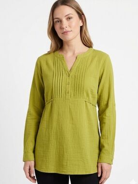 Reitmans Chartreuse Tunic Size Large Petite | Boho Style | Pin-Tuck Blouse |